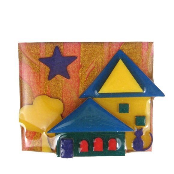 Lucinda House Pins Brooch 2.2 inch Pin Cat Jewelry Homes Star Tree Kitty Cat - Picture 1 of 4